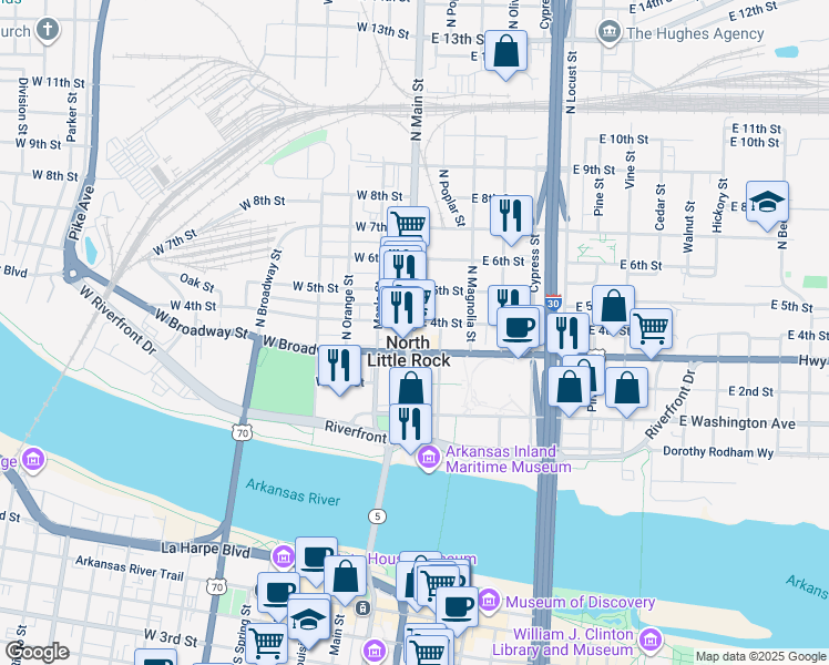 map of restaurants, bars, coffee shops, grocery stores, and more near in North Little Rock