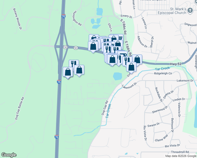 map of restaurants, bars, coffee shops, grocery stores, and more near 1974 Shields Road in Dalton