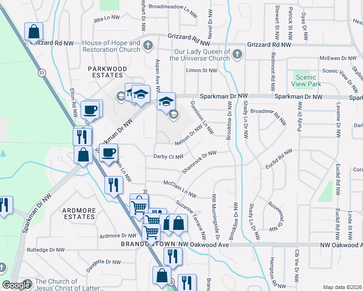 map of restaurants, bars, coffee shops, grocery stores, and more near 2701 Courtney Drive Northwest in Huntsville