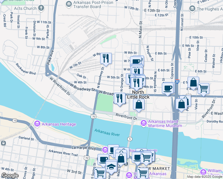 map of restaurants, bars, coffee shops, grocery stores, and more near 309 West Broadway Street in North Little Rock