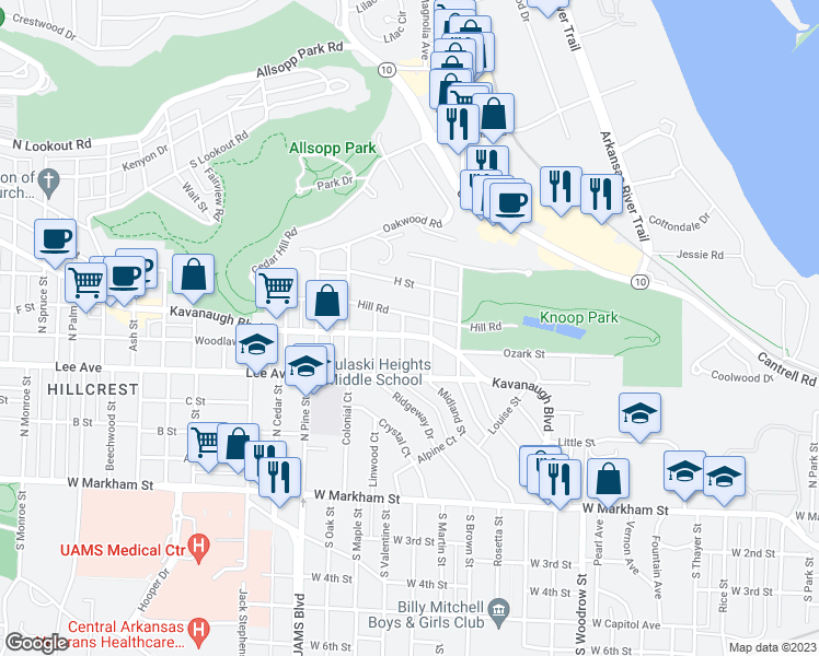 map of restaurants, bars, coffee shops, grocery stores, and more near 1700 Kavanaugh Boulevard in Little Rock