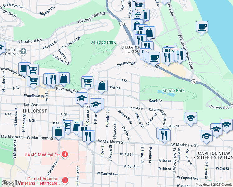 map of restaurants, bars, coffee shops, grocery stores, and more near 1822 Kavanaugh Boulevard in Little Rock