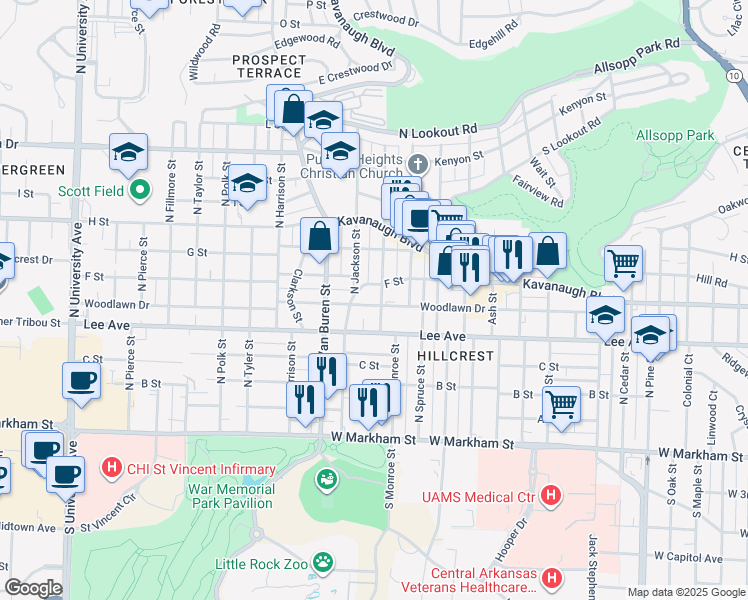 map of restaurants, bars, coffee shops, grocery stores, and more near 4901 Woodlawn Street in Little Rock