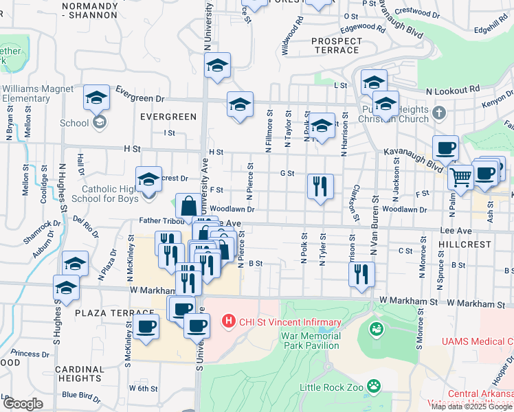 map of restaurants, bars, coffee shops, grocery stores, and more near 5700 Woodlawn Drive in Little Rock