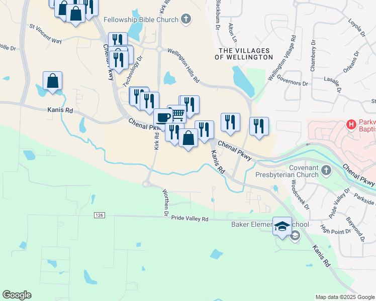map of restaurants, bars, coffee shops, grocery stores, and more near 16103 Chenal Parkway in Little Rock