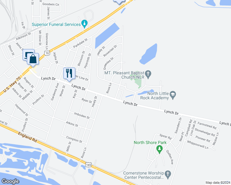 map of restaurants, bars, coffee shops, grocery stores, and more near 607 Graham Avenue in North Little Rock