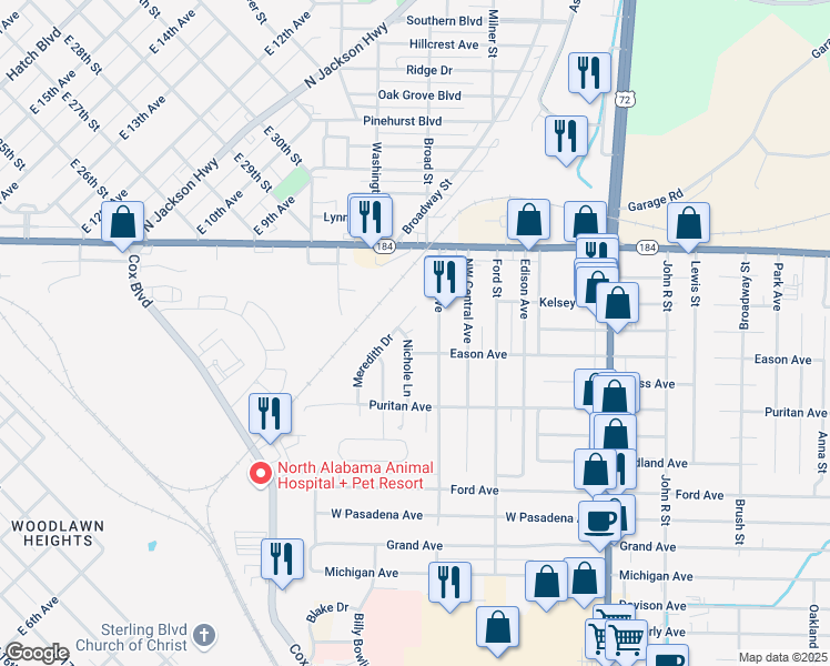 map of restaurants, bars, coffee shops, grocery stores, and more near 293 Nichole Lane in Muscle Shoals