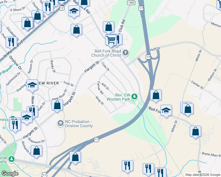 map of restaurants, bars, coffee shops, grocery stores, and more near 117 Kitt Drive in Jacksonville