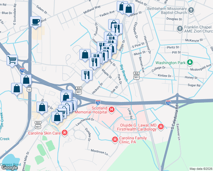 map of restaurants, bars, coffee shops, grocery stores, and more near 1518 Chestnut Street in Laurinburg