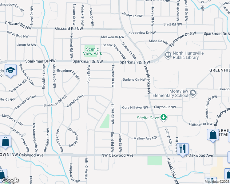 map of restaurants, bars, coffee shops, grocery stores, and more near 2207 Laverne Drive Northwest in Huntsville