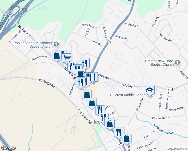 map of restaurants, bars, coffee shops, grocery stores, and more near 150 South Carolina 14 in Simpsonville