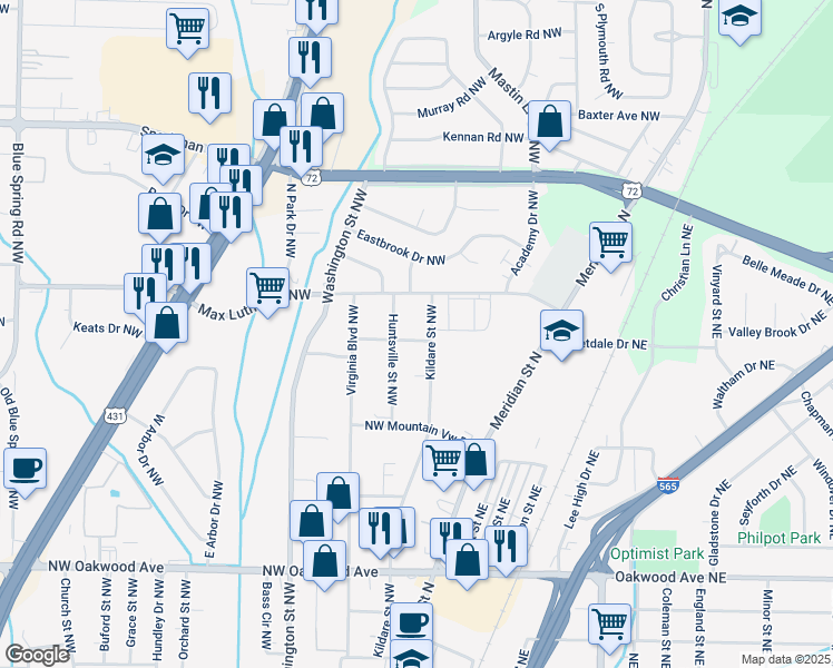 map of restaurants, bars, coffee shops, grocery stores, and more near 306 Wind Avenue Northwest in Huntsville