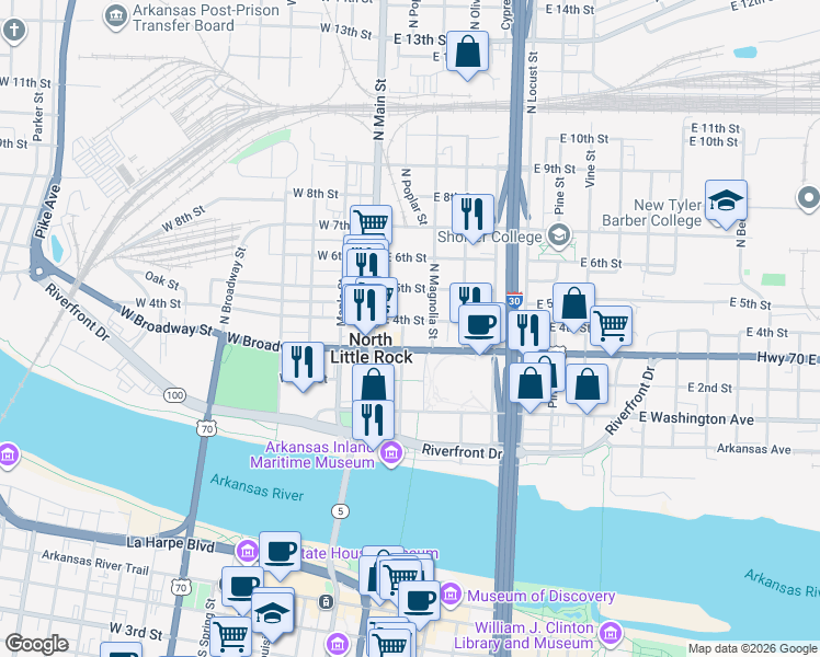 map of restaurants, bars, coffee shops, grocery stores, and more near 123 East Broadway Street in North Little Rock