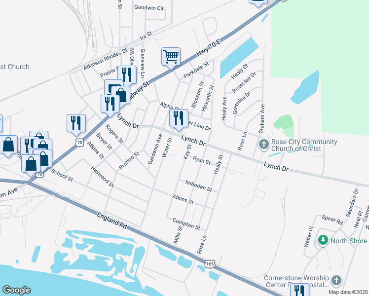 map of restaurants, bars, coffee shops, grocery stores, and more near 505 Kay Street in North Little Rock