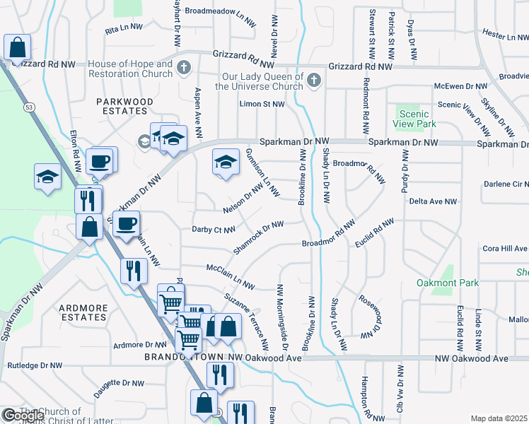map of restaurants, bars, coffee shops, grocery stores, and more near 4007 Darby Ct NW in Huntsville