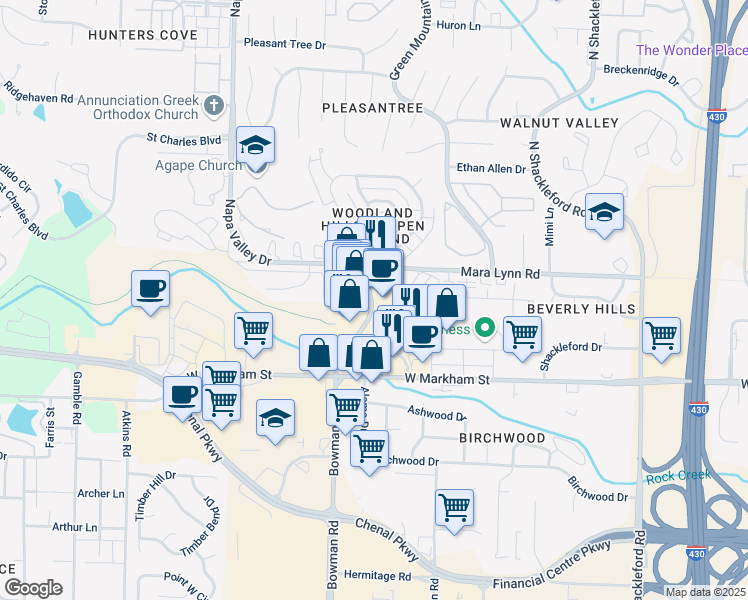 map of restaurants, bars, coffee shops, grocery stores, and more near 303 North Bowman Road in Little Rock