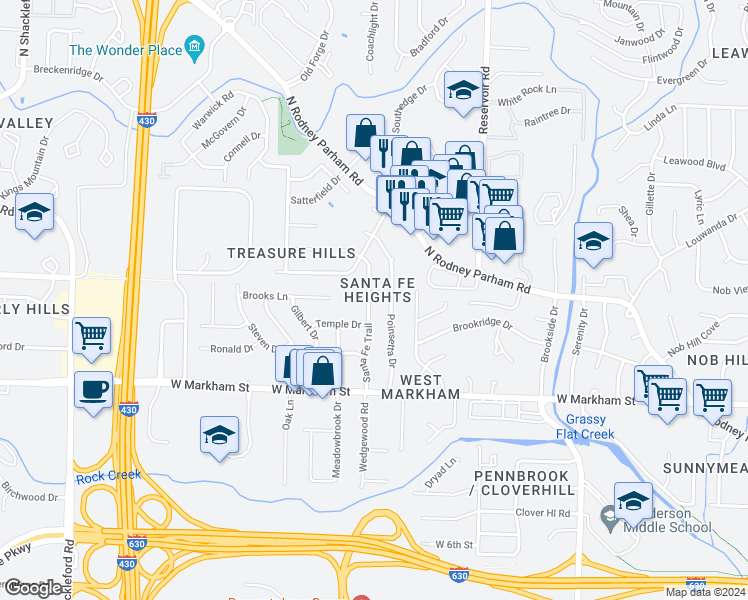 map of restaurants, bars, coffee shops, grocery stores, and more near 323 Santa Fe Trail in Little Rock