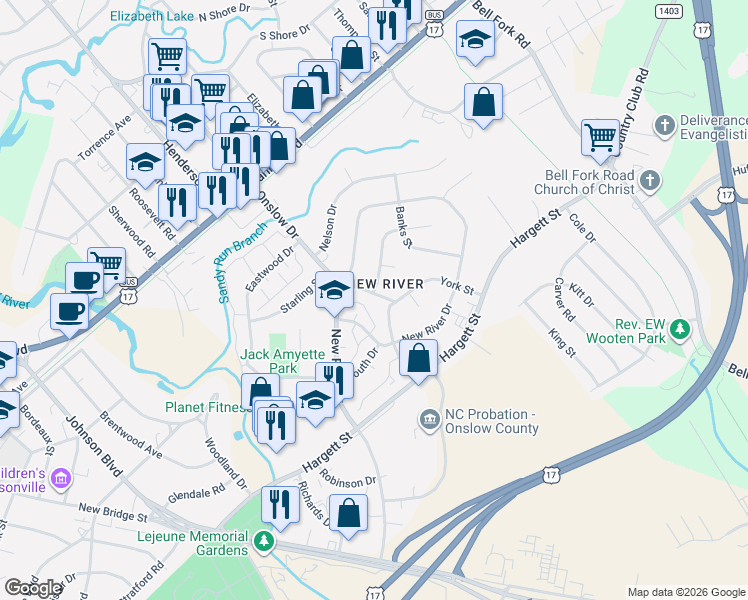 map of restaurants, bars, coffee shops, grocery stores, and more near 2121 North Drive in Jacksonville