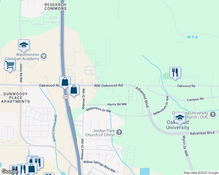 map of restaurants, bars, coffee shops, grocery stores, and more near 5509 Oakwood Road Northwest in Huntsville