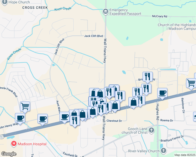 map of restaurants, bars, coffee shops, grocery stores, and more near 6016 Wall Triana Highway in Madison