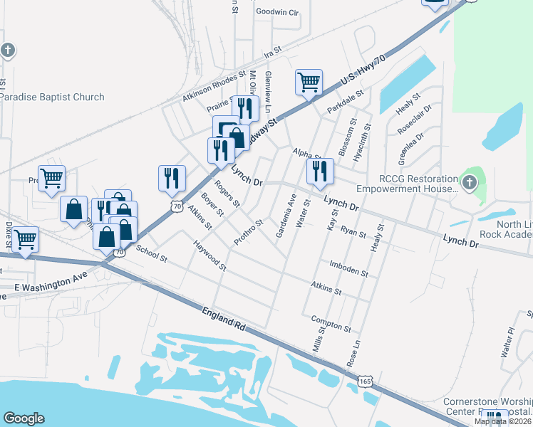 map of restaurants, bars, coffee shops, grocery stores, and more near 605 Prothro Street in North Little Rock