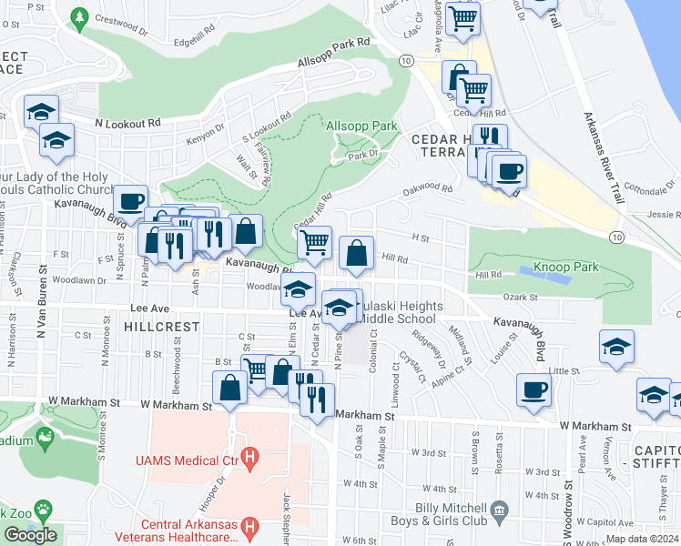 map of restaurants, bars, coffee shops, grocery stores, and more near 2101 Kavanaugh Boulevard in Little Rock