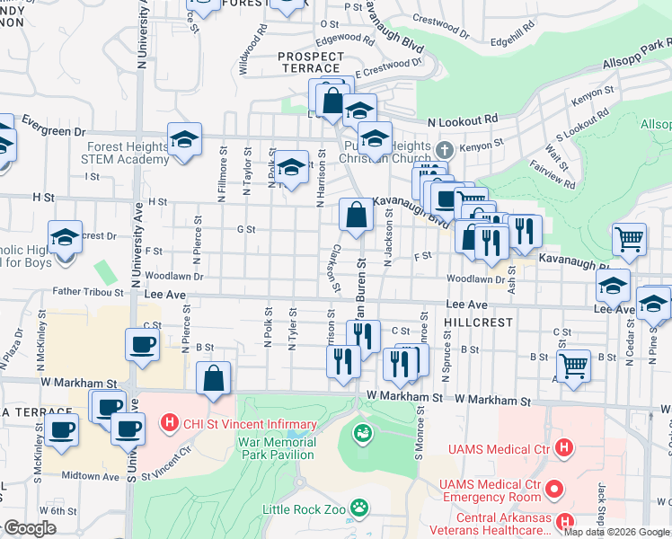 map of restaurants, bars, coffee shops, grocery stores, and more near 5115 Woodlawn Drive in Little Rock