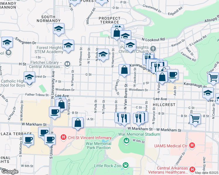 map of restaurants, bars, coffee shops, grocery stores, and more near 524 North Harrison Street in Little Rock