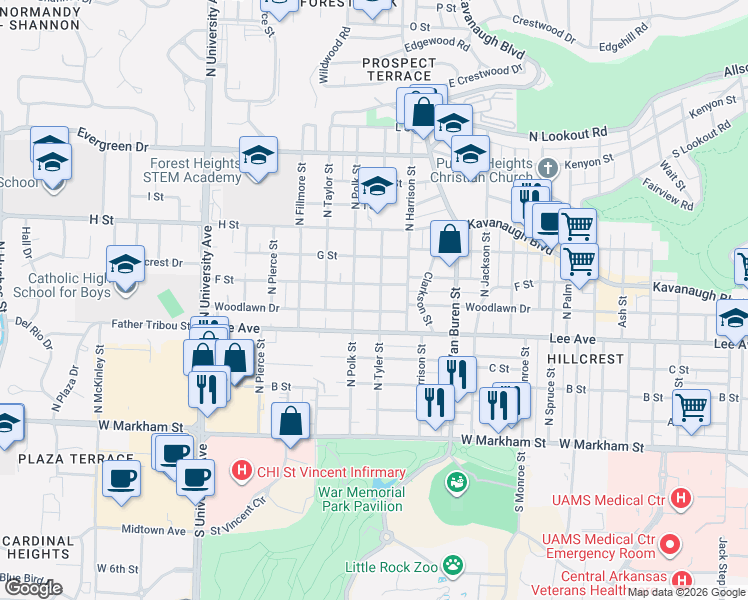map of restaurants, bars, coffee shops, grocery stores, and more near 5418 Woodlawn Drive in Little Rock