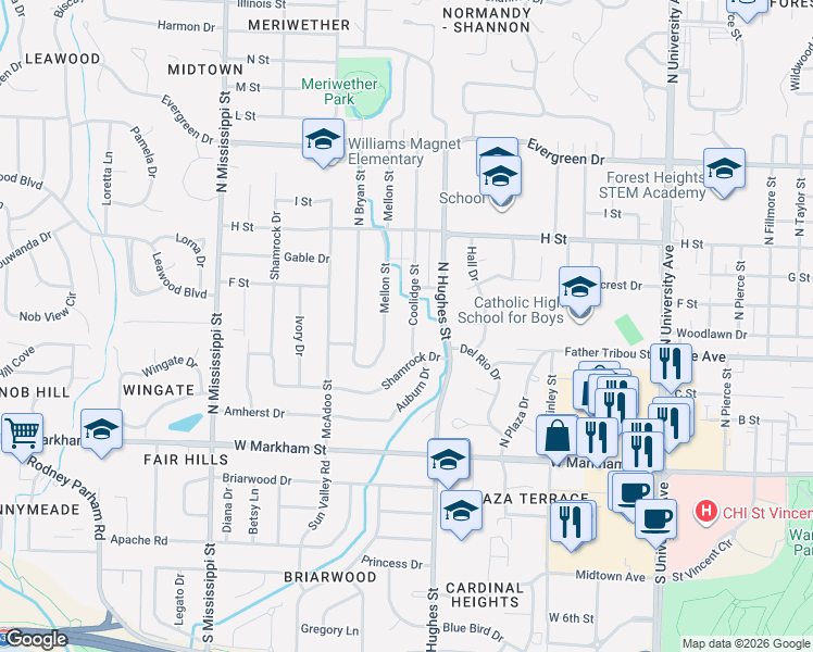 map of restaurants, bars, coffee shops, grocery stores, and more near 509 Coolidge Street in Little Rock