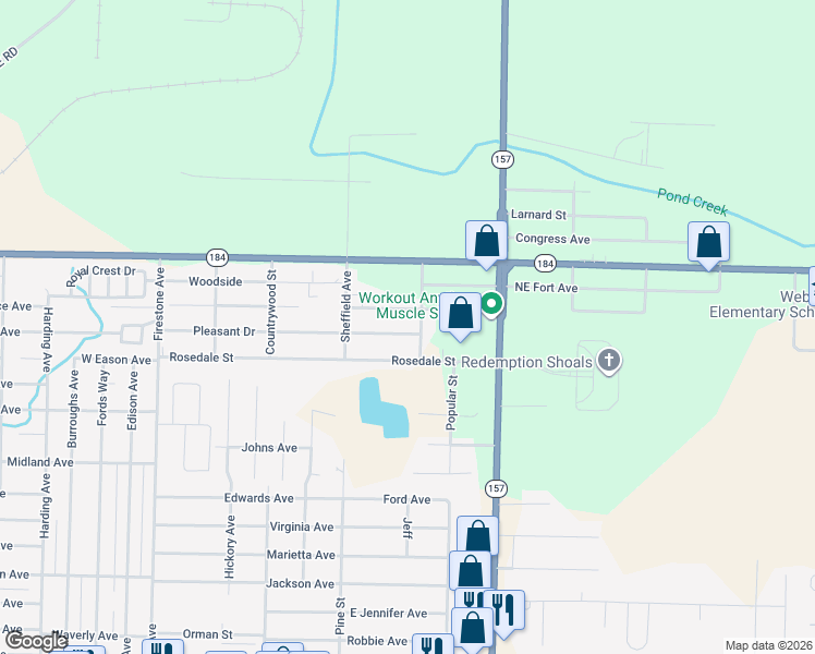 map of restaurants, bars, coffee shops, grocery stores, and more near 1701-1703 Rosedale Street in Muscle Shoals