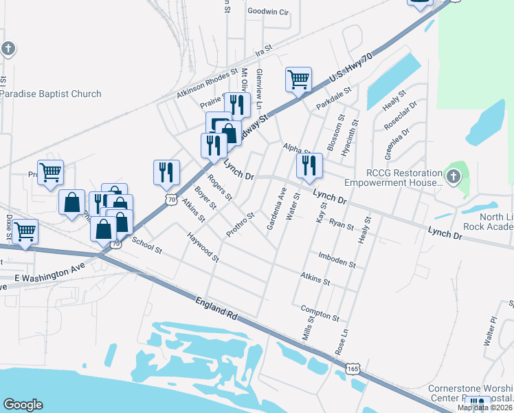 map of restaurants, bars, coffee shops, grocery stores, and more near 605 Prothro Street in North Little Rock