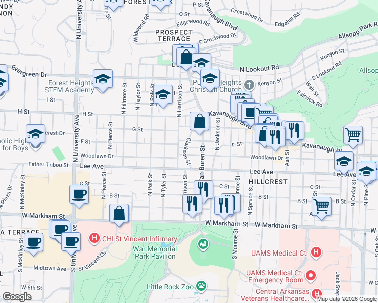 map of restaurants, bars, coffee shops, grocery stores, and more near 5115 Woodlawn Drive in Little Rock
