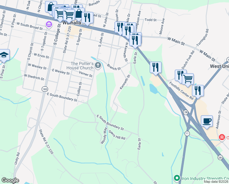 map of restaurants, bars, coffee shops, grocery stores, and more near 326 Kenneth Street in Walhalla