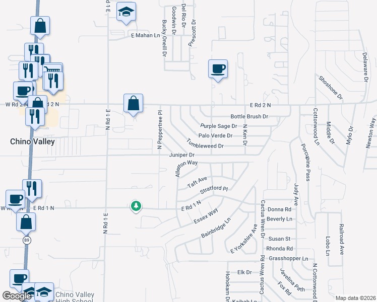map of restaurants, bars, coffee shops, grocery stores, and more near 1390 Allerton Way in Chino Valley