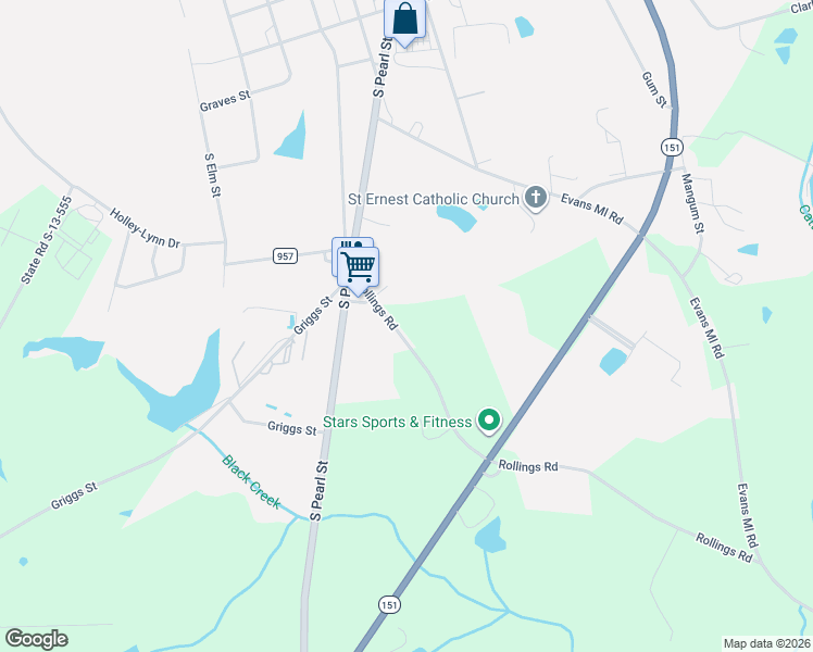 map of restaurants, bars, coffee shops, grocery stores, and more near 111-113 Rollings Road in Pageland