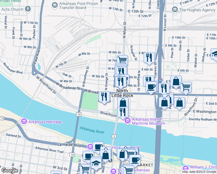 map of restaurants, bars, coffee shops, grocery stores, and more near 216 West 4th Street in North Little Rock