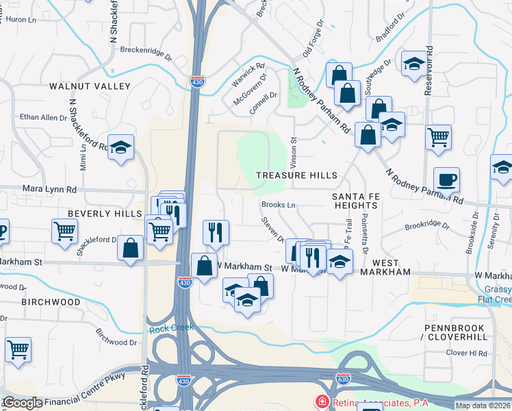 map of restaurants, bars, coffee shops, grocery stores, and more near 318 Steven Drive in Little Rock
