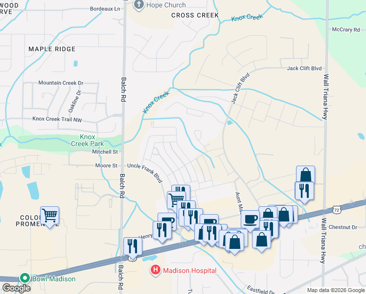 map of restaurants, bars, coffee shops, grocery stores, and more near 8142 U.S. 72 in Madison