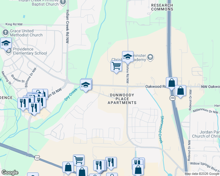 map of restaurants, bars, coffee shops, grocery stores, and more near 1681 Old Dry Creek Road Northwest in Huntsville