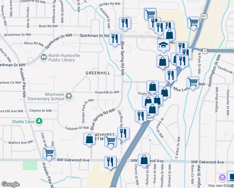 map of restaurants, bars, coffee shops, grocery stores, and more near 2400 Garden Park Drive Northwest in Huntsville