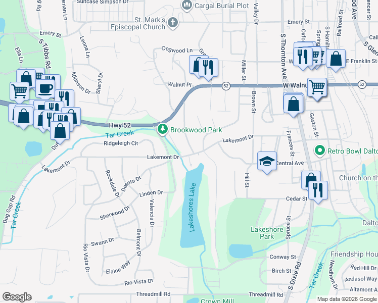 map of restaurants, bars, coffee shops, grocery stores, and more near 1001 Wimbledon Drive in Dalton