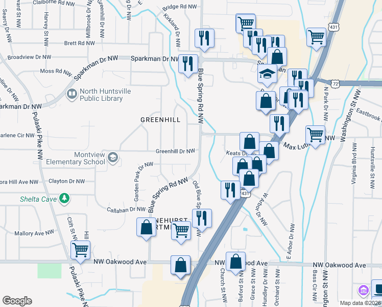 map of restaurants, bars, coffee shops, grocery stores, and more near 2400 Garden Park Drive Northwest in Huntsville