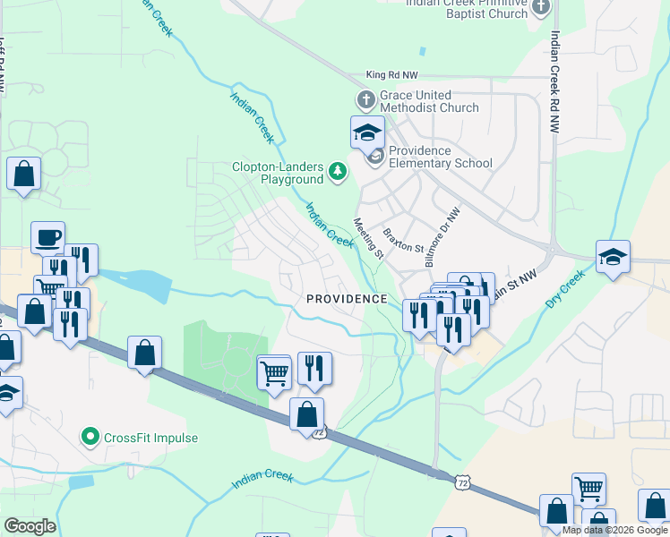 map of restaurants, bars, coffee shops, grocery stores, and more near 52 Hillcrest Avenue Northwest in Huntsville