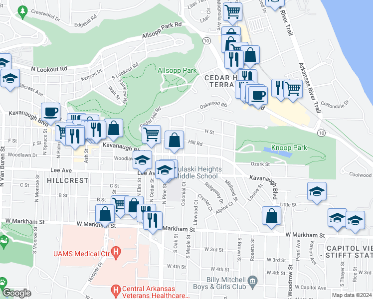 map of restaurants, bars, coffee shops, grocery stores, and more near 1923 Kavanaugh Boulevard in Little Rock