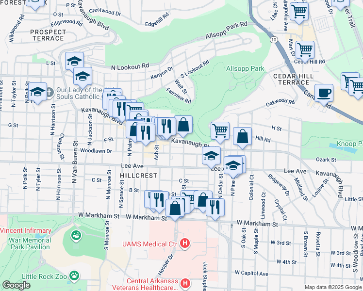 map of restaurants, bars, coffee shops, grocery stores, and more near 4220 Woodlawn Drive in Little Rock