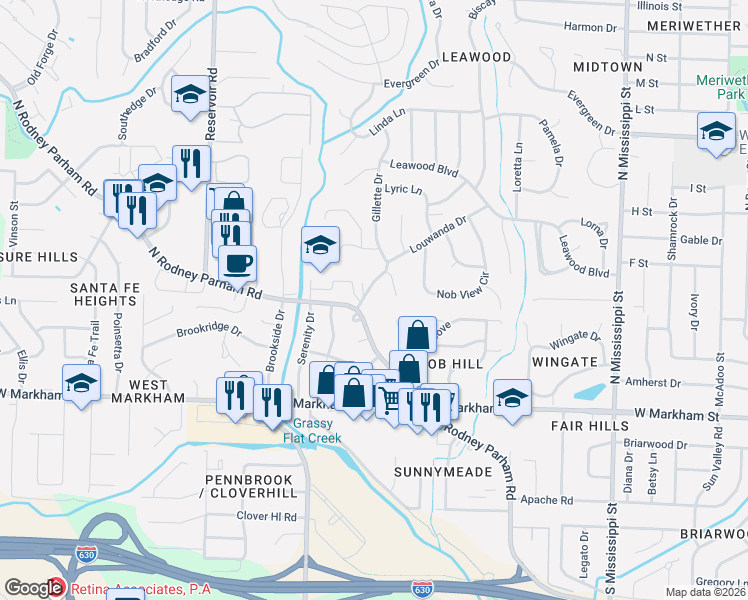 map of restaurants, bars, coffee shops, grocery stores, and more near 10 Brookfield Cove in Little Rock