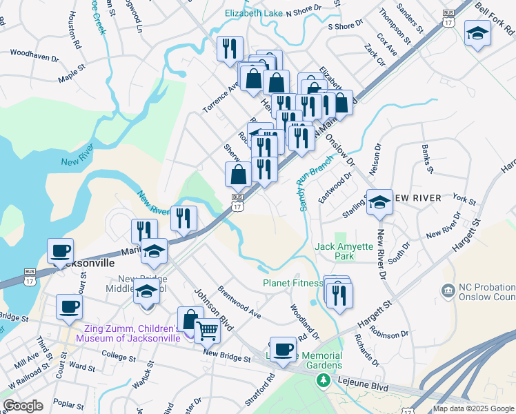 map of restaurants, bars, coffee shops, grocery stores, and more near 104 N Marine Blvd in Jacksonville