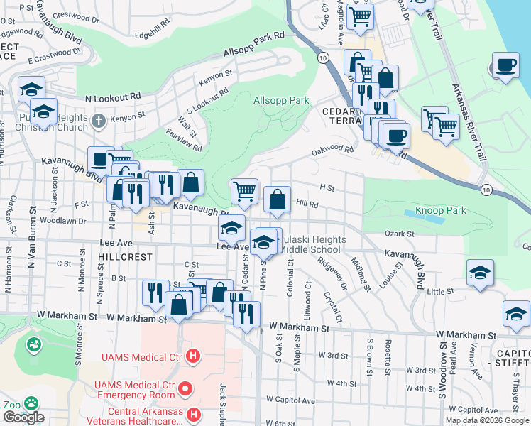 map of restaurants, bars, coffee shops, grocery stores, and more near 604 North Pine Street in Little Rock