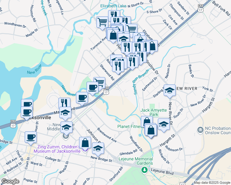 map of restaurants, bars, coffee shops, grocery stores, and more near 104 North Marine Boulevard in Jacksonville